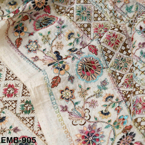 Beige Indian Embroidered Cotton Fabric by the Yard Flex Cotton Embroidery Summer Dresses Party Costumes Bags Table Runner Sewing Crafting