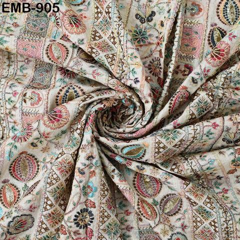 Beige Indian Embroidered Cotton Fabric by the Yard Flex Cotton Embroidery Summer Dresses Party Costumes Bags Table Runner Sewing Crafting