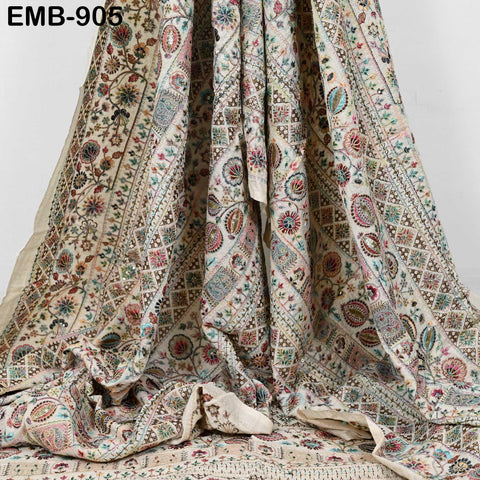 Beige Indian Embroidered Cotton Fabric by the Yard Flex Cotton Embroidery Summer Dresses Party Costumes Bags Table Runner Sewing Crafting