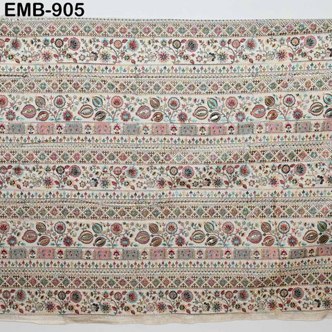 Beige Indian Embroidered Cotton Fabric by the Yard Flex Cotton Embroidery Summer Dresses Party Costumes Bags Table Runner Sewing Crafting