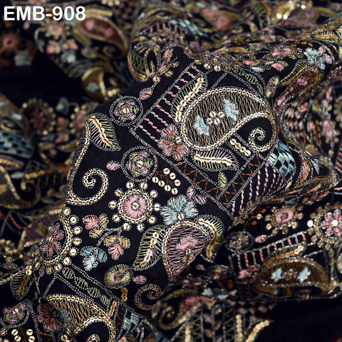 Black Indian Embroidered Cotton Fabric by the Yard Flex Cotton Embroidery Summer Dresses Jackets Women Kids Bags Table Runner Sewing Craft
