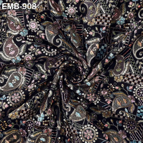 Black Indian Embroidered Cotton Fabric by the Yard Flex Cotton Embroidery Summer Dresses Jackets Women Kids Bags Table Runner Sewing Craft