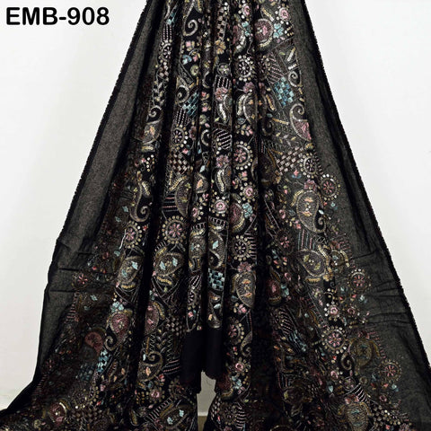 Black Indian Embroidered Cotton Fabric by the Yard Flex Cotton Embroidery Summer Dresses Jackets Women Kids Bags Table Runner Sewing Craft