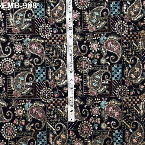 Black Indian Embroidered Cotton Fabric by the Yard Flex Cotton Embroidery Summer Dresses Jackets Women Kids Bags Table Runner Sewing Craft