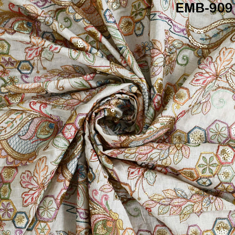 Beige Indian Embroidered Cotton Fabric by the Yard Flex Cotton Embroidery Summer Dresses Jackets Women Kids Bags Table Runner Sewing Craft