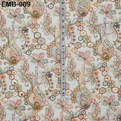 Beige Indian Embroidered Cotton Fabric by the Yard Flex Cotton Embroidery Summer Dresses Jackets Women Kids Bags Table Runner Sewing Craft