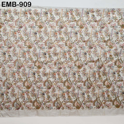 Beige Indian Embroidered Cotton Fabric by the Yard Flex Cotton Embroidery Summer Dresses Jackets Women Kids Bags Table Runner Sewing Craft