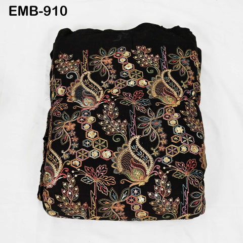 Black Indian Embroidered Cotton Fabric by the Yard Flex Cotton Embroidery Summer Dresses Jackets Women Kids Bags Table Runner Sewing Craft