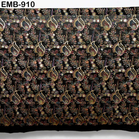 Black Indian Embroidered Cotton Fabric by the Yard Flex Cotton Embroidery Summer Dresses Jackets Women Kids Bags Table Runner Sewing Craft