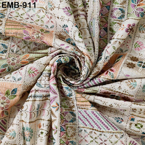 Natural Indian Embroidered Cotton Fabric by the Yard Flex Cotton Embroidery Summer Dresses Jackets Women Kids Bags Table Runner Sewing Craft