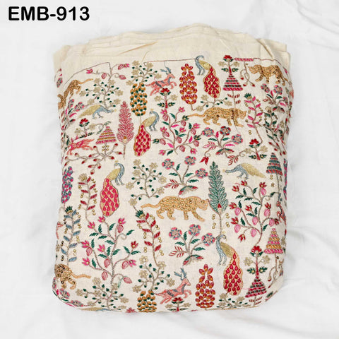 Indian Embroidered Unbleached Cotton Fabric by the Yard Flex Cotton Embroidery Summer Jackets Women Dresses Kids Bags Table Runner Sewing