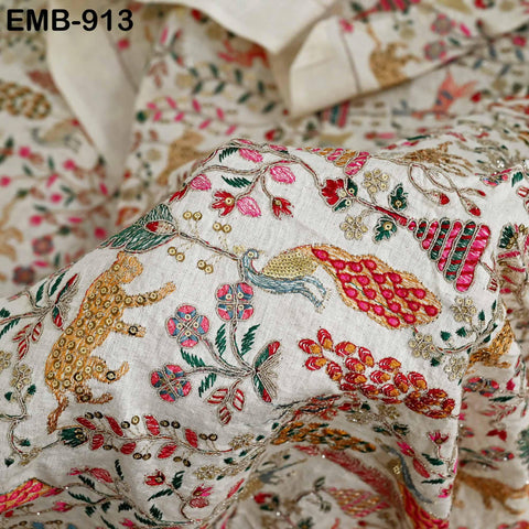 Indian Embroidered Unbleached Cotton Fabric by the Yard Flex Cotton Embroidery Summer Jackets Women Dresses Kids Bags Table Runner Sewing
