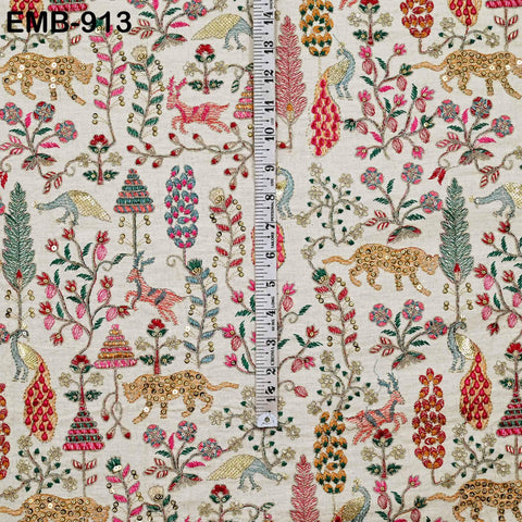 Indian Embroidered Unbleached Cotton Fabric by the Yard Flex Cotton Embroidery Summer Jackets Women Dresses Kids Bags Table Runner Sewing