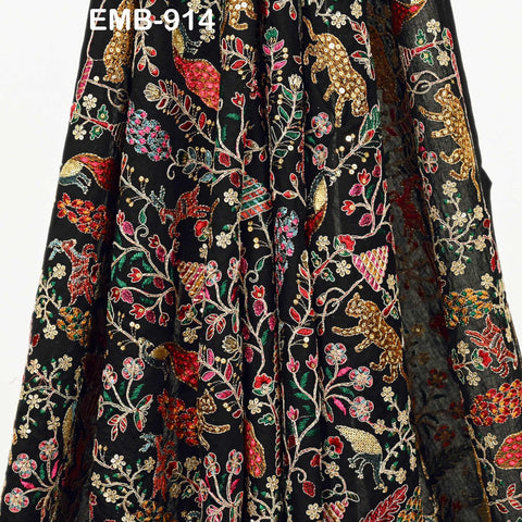 Black Indian Embroidered Unbleached Cotton Fabric by the Yard Flex Cotton Embroidery Summer Longline Jackets Women Dresses Kids Bags Sewing