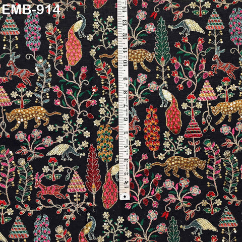 Black Indian Embroidered Unbleached Cotton Fabric by the Yard Flex Cotton Embroidery Summer Longline Jackets Women Dresses Kids Bags Sewing