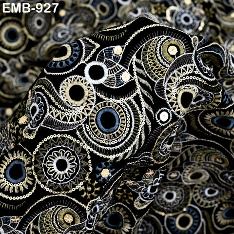 Black Indian Embroidered Velvet Fabric by the yard Sewing DIY Crafting Wedding Shift Dresses Theatrical Costumes Longline Jackets Waistcoats