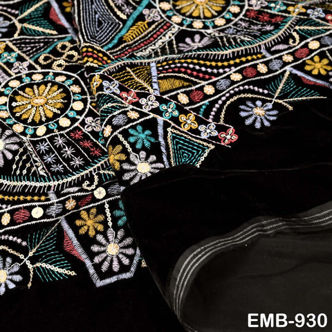 Black Indian Embroidered Velvet Fabric by the yard Sewing DIY Crafting Wedding Shift Dresses Theatrical Costumes Longline Jackets Waistcoats