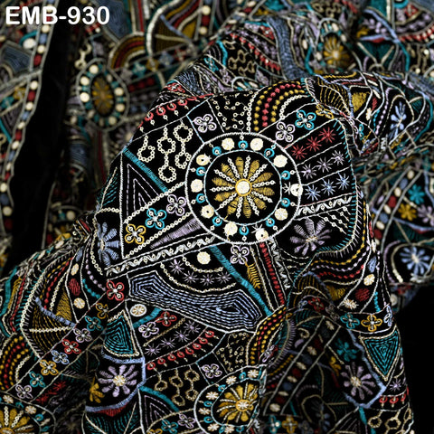 Black Indian Embroidered Velvet Fabric by the yard Sewing DIY Crafting Wedding Shift Dresses Theatrical Costumes Longline Jackets Waistcoats