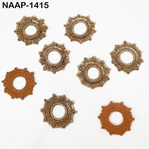 Luxury gold Zardozi applique patches on fabric, 2.5 inch handmade embellishments for bridal and costume sewing