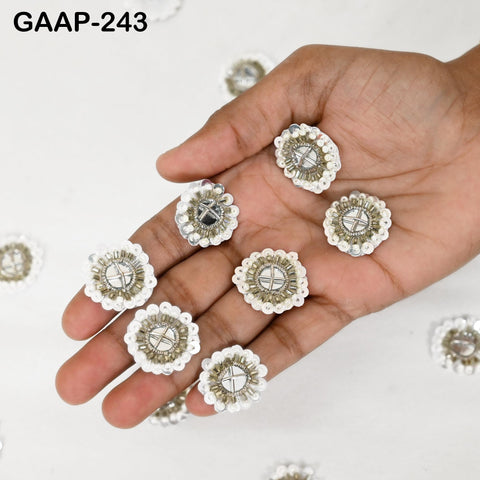 50 Pcs gold zari mirror appliqués, 2 cm round patches with pearls and gold thread for wedding dress or fabric decoration.