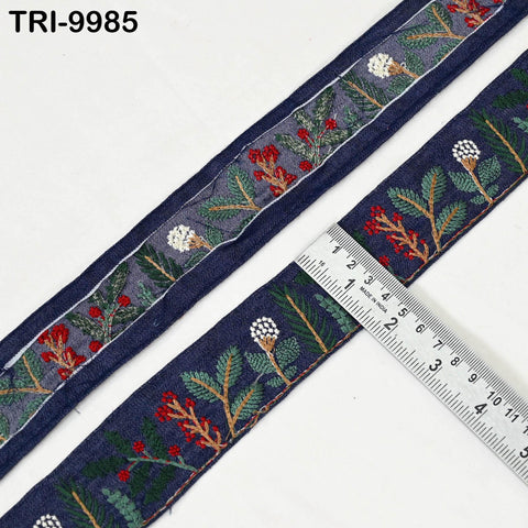 9 Yard Navy Blue Embroidery Ribbon Denim Fabric Trim Embroidered Border Sewing Indian Tote Bags Costumes Christmas Holiday Ornaments 4.5 cm