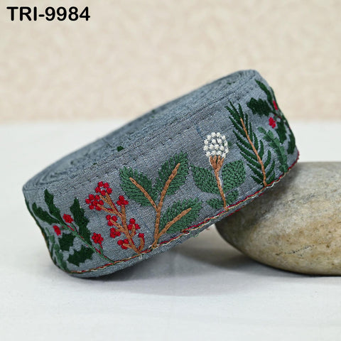 9 Yard Grey Embroidery Ribbon Fabric Trim Embroidered Border Crafting Sewing Indian Tote Bags Costumes Christmas Holiday Ornaments 4.5 cm