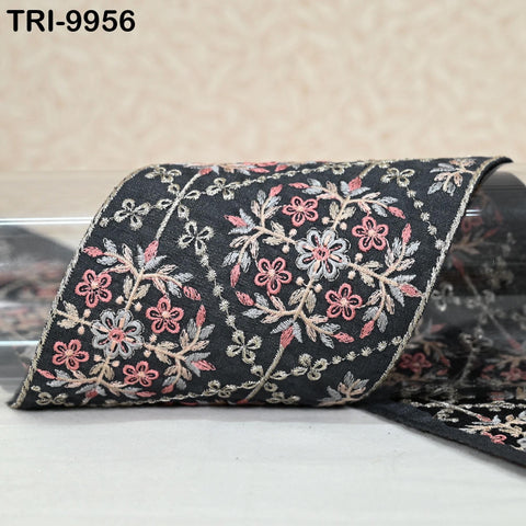 9 Yard Dark Grey Embroidered 10cm Trim Indian Embroidery Ribbons Laces | Sari Border Saree | DIY Crafting Beach Bag Decorative Trimmings