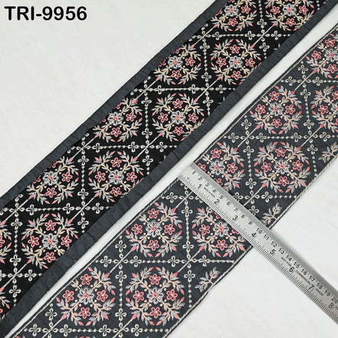 9 Yard Dark Grey Embroidered 10cm Trim Indian Embroidery Ribbons Laces | Sari Border Saree | DIY Crafting Beach Bag Decorative Trimmings