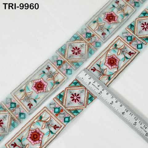 9 Yard Floral Embroidery Ribbon Indian Embroidered Trim Saree Border DIY Crafting Costume Christmas Decoration Embellishment Trimmings 5 cm.