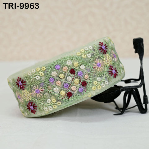 9 Yard Green Embroidery 5cm Ribbon Crafting Sewing Costumes Dog Collar Tote Bags Lampshades Holiday Décor Indian Embroidered Tapes, Laces