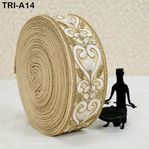 9 Yard Beige Indian Ribbon 45 mm Trim Costume Sari Border DIY Craft Sewing Embroidered Decorative Costumes Home Decor Trimming Junk Journals