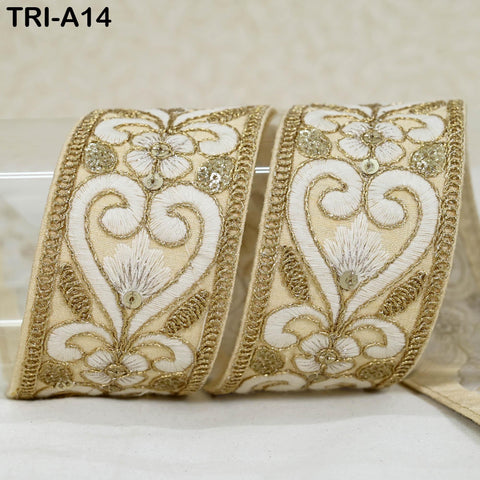 9 Yard Beige Indian Ribbon 45 mm Trim Costume Sari Border DIY Craft Sewing Embroidered Decorative Costumes Home Decor Trimming Junk Journals
