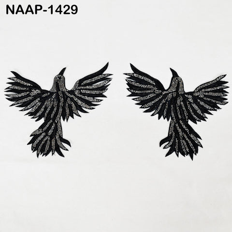Embroidered Flying Bird Appliqués (2 Pair): Black Zari Thread, Beaded Indian Patches (6 Inch)