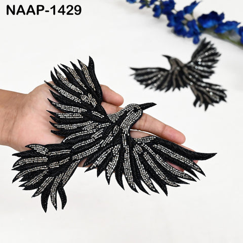 Embroidered Flying Bird Appliqués (2 Pair): Black Zari Thread, Beaded Indian Patches (6 Inch)