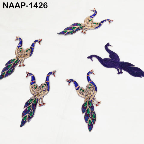 2 Pair gold Zardozi peacock patch showing intricate bead, sequin and silk thread work with multicolor detail.