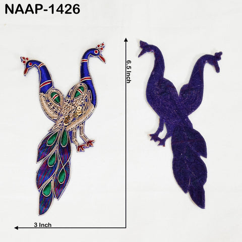 Handmade peacock motif patches (set of 4), roughly 11.5 × 6 in, with rough back and Zardozi work—perfect for wedding skirts, sarees or home décor crafts.