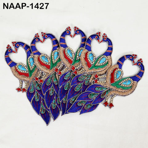 2 Pair Decorative peacock motifs with gold and colored threads, appliqués for bridal wear or traditional costume design.