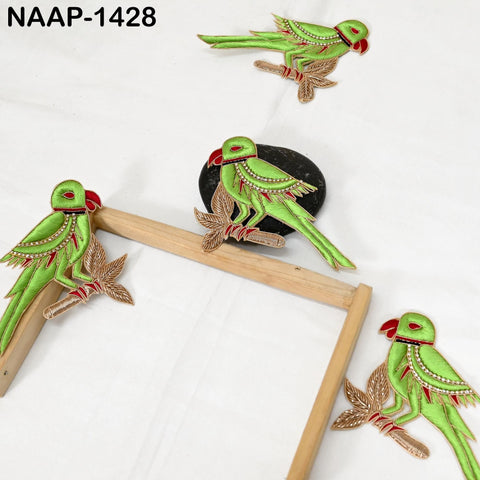 4 Bird appliqués including peacock & parrot designs with intricate Zardozi, large size for costume, bridal wear or décor.