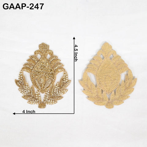 Rose gold, silver & gold Zardozi patches laid out—luxury Indian appliqué set, 4 pieces, approx 4.5×4 inch each.