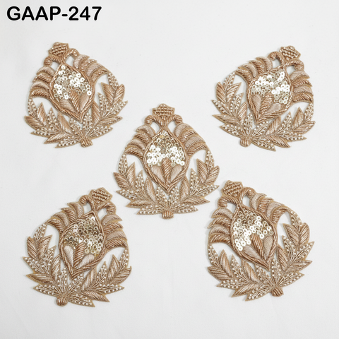 4 Gold Zardozi Appliqué Patches | Handcrafted Indian Embroidery Floral Motifs | Bridal Wear, Costume, Boutique Supply Craft & Home Decor Accessory