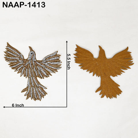 Grey beaded flying bird patches with gold zari thread, dimensions approx 5.5 x 6 inch, decorative Indian appliqué set of 2 pairs.