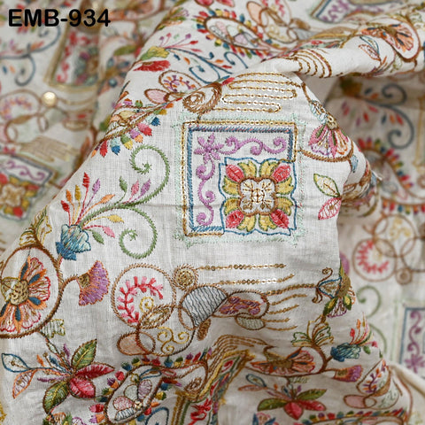 Natural Indian Embroidered Cotton Fabric by the Yard Flex Cotton Embroidery Summer Dresses Jackets Women Kids Bags Table Runner Sewing Craft