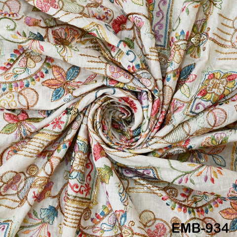 Natural Indian Embroidered Cotton Fabric by the Yard Flex Cotton Embroidery Summer Dresses Jackets Women Kids Bags Table Runner Sewing Craft