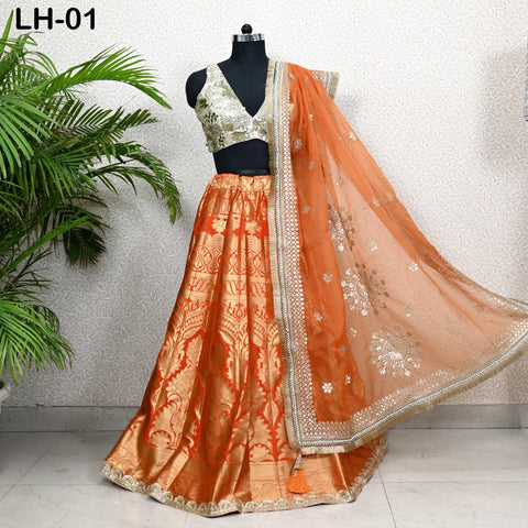 Orange Brocade Banarasi Lehenga Choli with dupatta, Ready-to-Wear Indian Outfit Women Costumes Wedding Bridesmaid Party Engagement, Festival