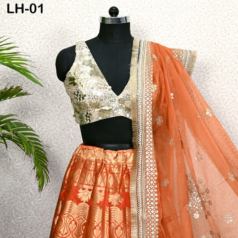 Orange Brocade Banarasi Lehenga Choli with dupatta, Ready-to-Wear Indian Outfit Women Costumes Wedding Bridesmaid Party Engagement, Festival