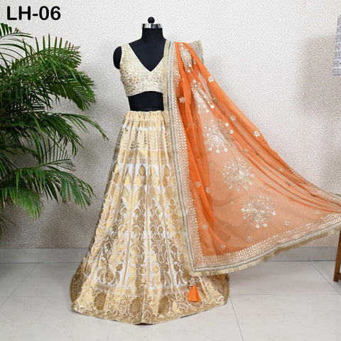 Ivory Brocade Banarasi Lehenga Choli with dupatta - Ready-to-Wear Indian Outfit Women Costumes Wedding Bridesmaid Party Engagement, Festival