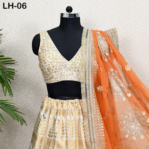 Ivory Brocade Banarasi Lehenga Choli with dupatta - Ready-to-Wear Indian Outfit Women Costumes Wedding Bridesmaid Party Engagement, Festival