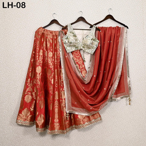 Red Brocade Banarasi Lehenga Choli with dupatta - Ready-to-Wear Indian Outfit Women Costumes Wedding Bridesmaid Party Engagement, Festival