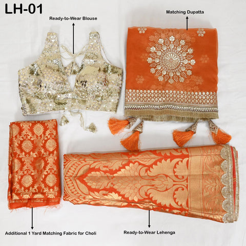 Orange Brocade Banarasi Lehenga Choli with dupatta, Ready-to-Wear Indian Outfit Women Costumes Wedding Bridesmaid Party Engagement, Festival