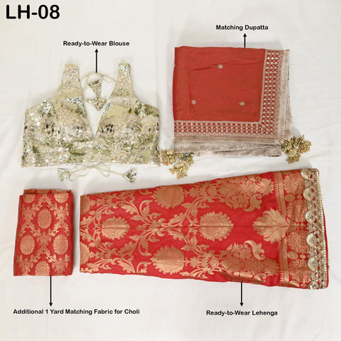 Red Brocade Banarasi Lehenga Choli with dupatta - Ready-to-Wear Indian Outfit Women Costumes Wedding Bridesmaid Party Engagement, Festival